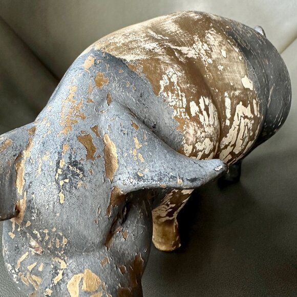 Large 12" Bisque Porcelain Pig Sculpture. Gold Leaf Gilding. Charcoal Grey Paint - Picture 7 of 9